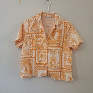 Nicole Miller Artelier Printed Button Down Org/wht Sz S Linen Blend  Boxy Beachy